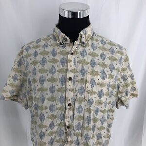 Jeremiah Green Blue Southwestern Aztec Button Down Short Sleeve Linen Shirt XL